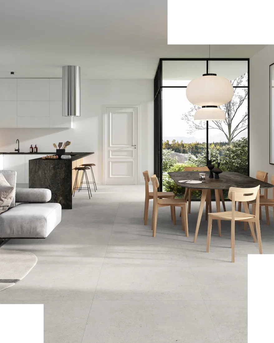 Keramische vloertegels natuursteen look woonkamer