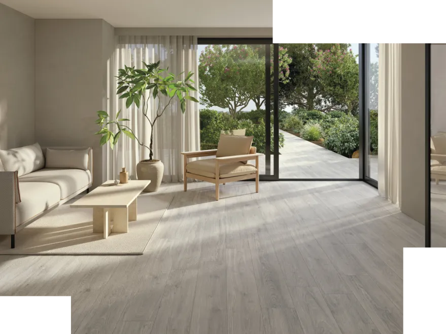 Keramische vloertegels houtlook parket woonkamer