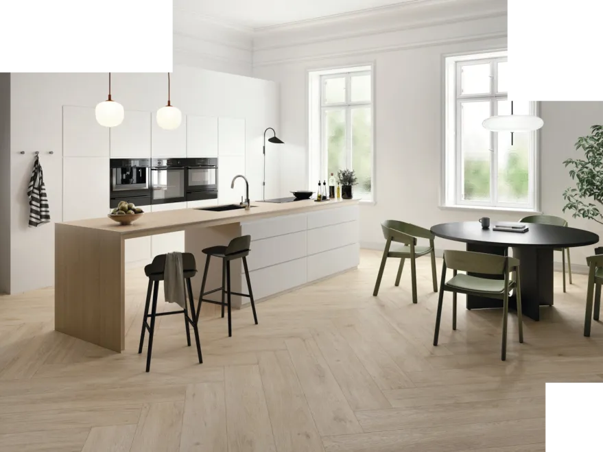 Keramische tegelvloer houtlook visgraat parket keuken