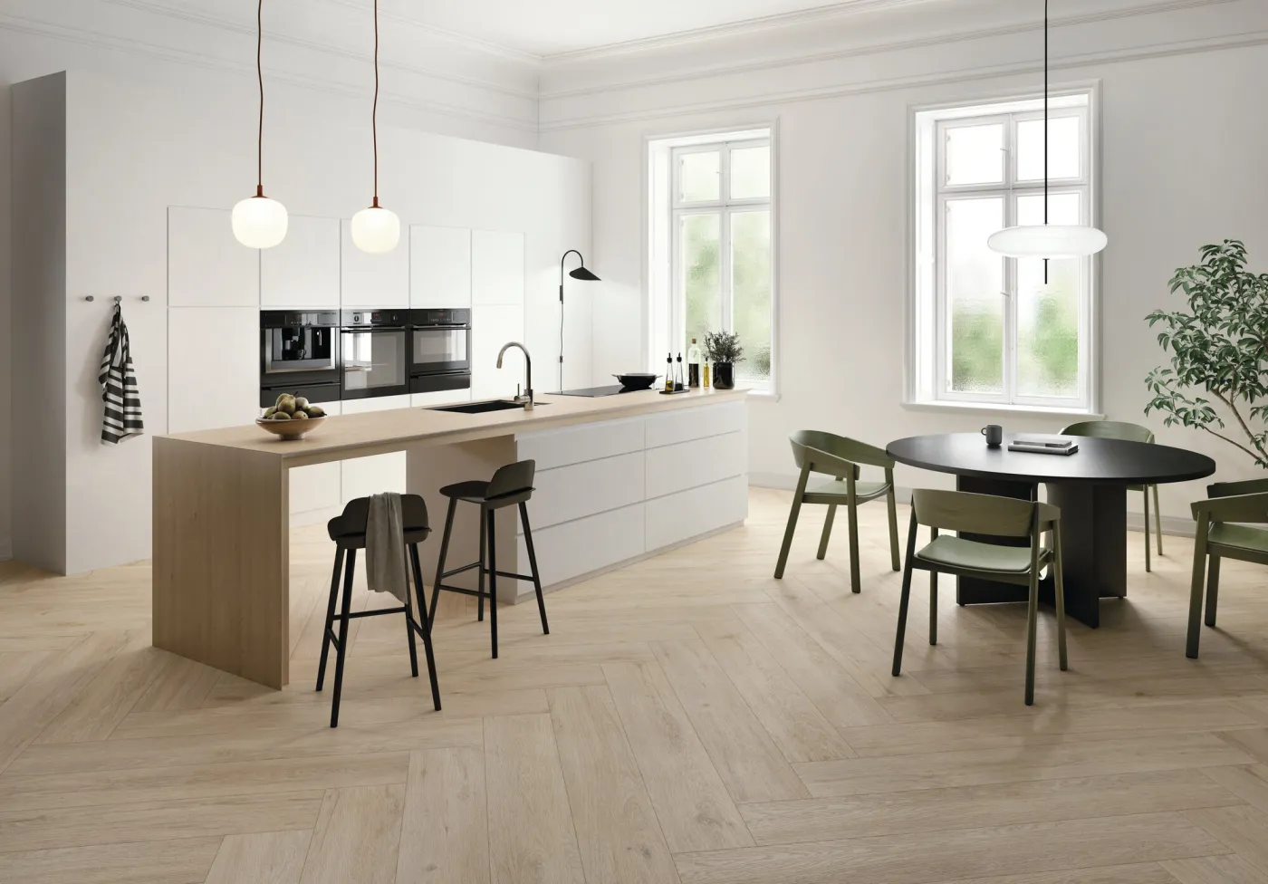 Keramische tegelvloer houtlook visgraat parket keuken